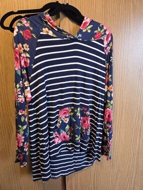 Navy Floral Stripe Hooded Pullover